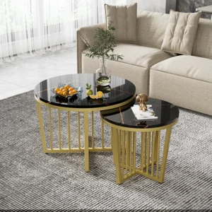 Set van 2 elkaar te schuiven salontafels met draaifunctie - Goudkleurige metalen poten - Marmerpatroon - MDF hout - Zwart...