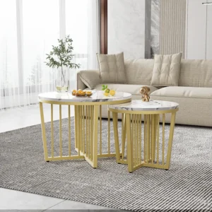 Set van 2 elkaar te schuiven salontafels met draaifunctie - Goudkleurige metalen poten - Marmerpatroon - MDF hout - Wit Merax