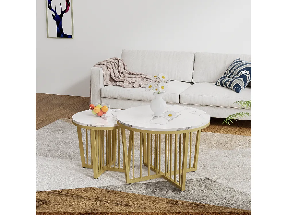 Set van 2 elkaar te schuiven salontafels met draaifunctie - Goudkleurige metalen poten - Marmerpatroon - MDF hout - Wit Merax