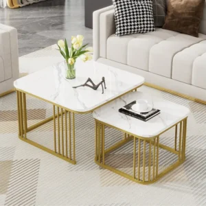 Set van 2 elkaar schuivende salontafels - 70 x 70 x 45 cm en 50 x 50 x 36,5 cm - Glanzende marmerlook - MDF hout en goudme...