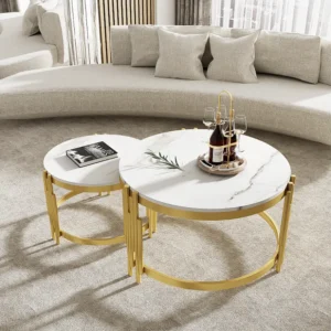 Set van 2 elkaar schuivende salontafels marmereffect - Gouden metalen structuur - 71,5x71,5x 44 cm + 51,5x51,5x37 cm - Wit...
