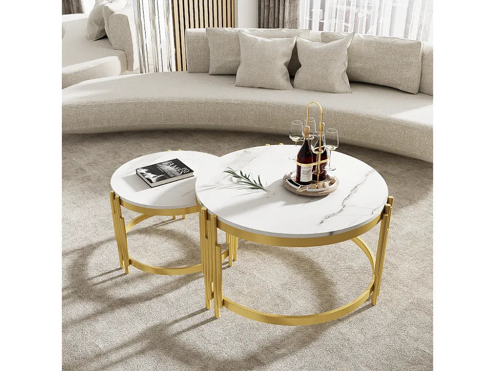 Set van 2 elkaar schuivende salontafels marmereffect - Gouden metalen structuur - 71,5x71,5x 44 cm + 51,5x51,5x37 cm - Wit...