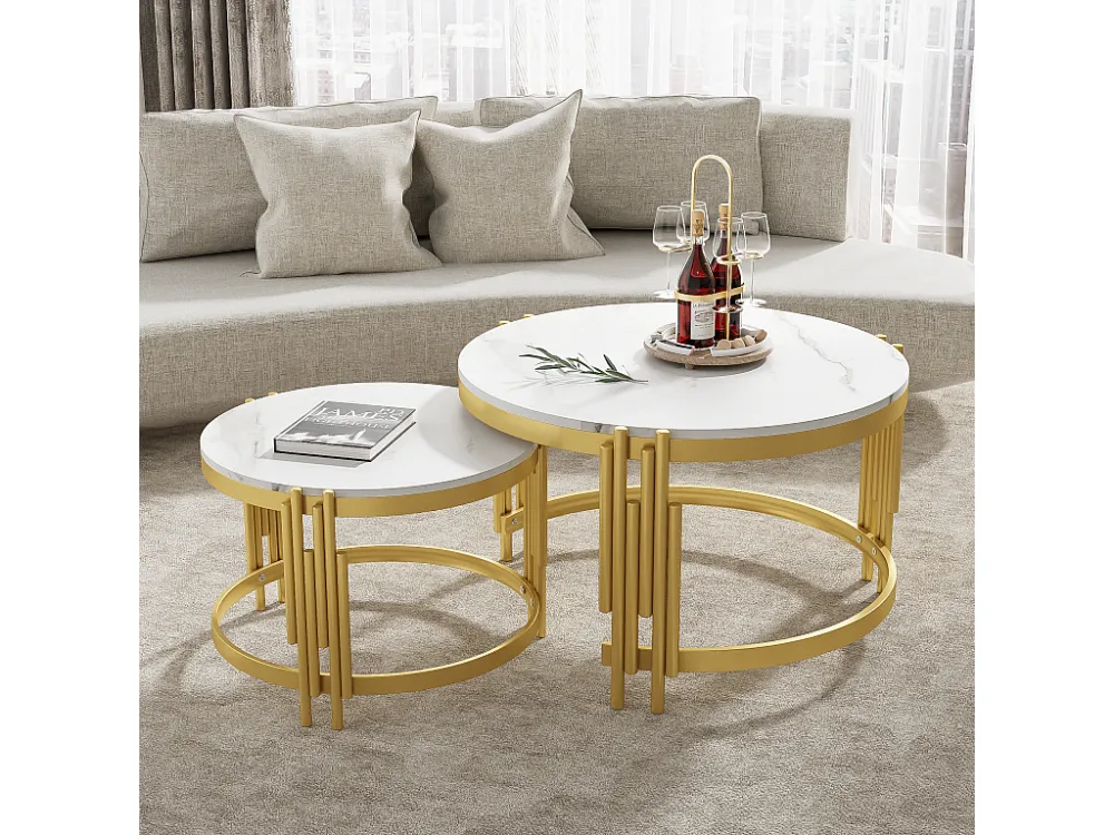 Set van 2 elkaar schuivende salontafels marmereffect - Gouden metalen structuur - 71,5x71,5x 44 cm + 51,5x51,5x37 cm - Wit...