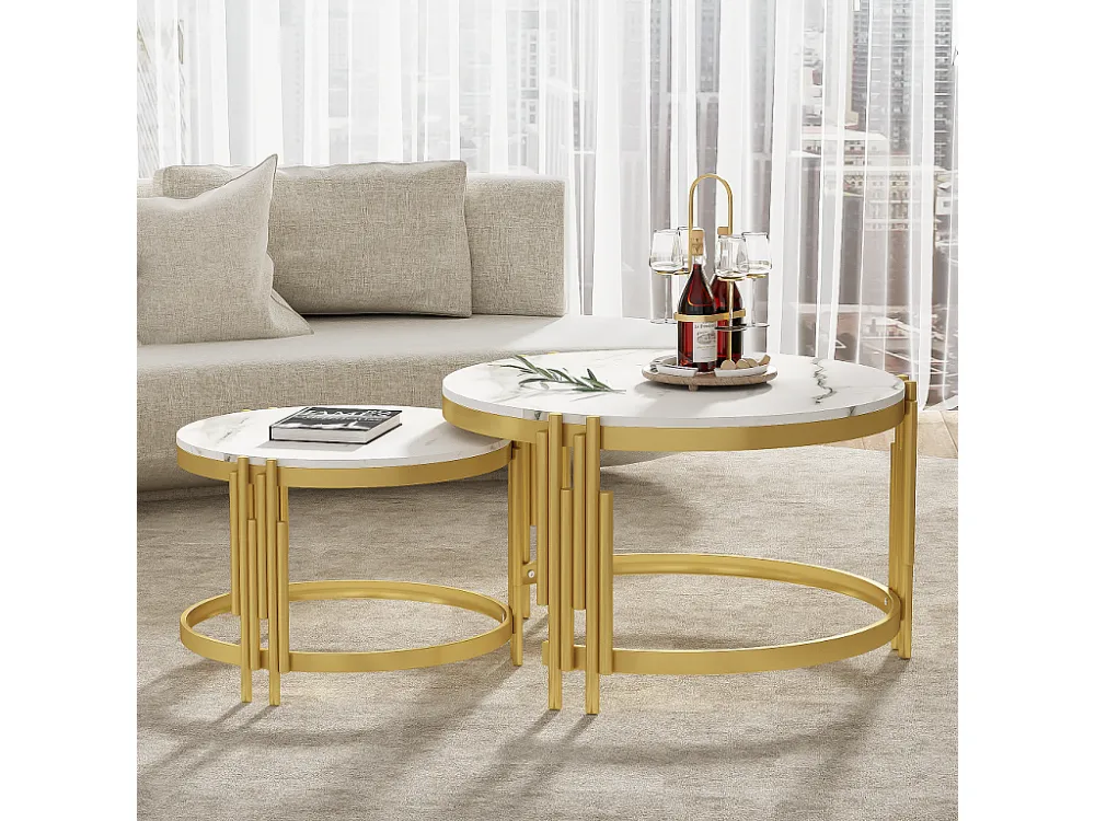 Set van 2 elkaar schuivende salontafels marmereffect - Gouden metalen structuur - 71,5x71,5x 44 cm + 51,5x51,5x37 cm - Wit...