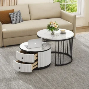 Set van 2 elkaar schuivende salontafels met 2 laden - 60 x 60 x 45,5 cm + 50 x 50 x 32 cm - Glanzende marmerlook - MDF - Z...