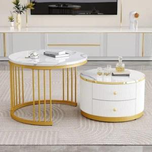 Set van 2 elkaar schuivende salontafels met 2 laden - 60 x 60 x 45,5 cm + 50 x 50 x 32 cm - Glanzende marmerlook - MDF - G...