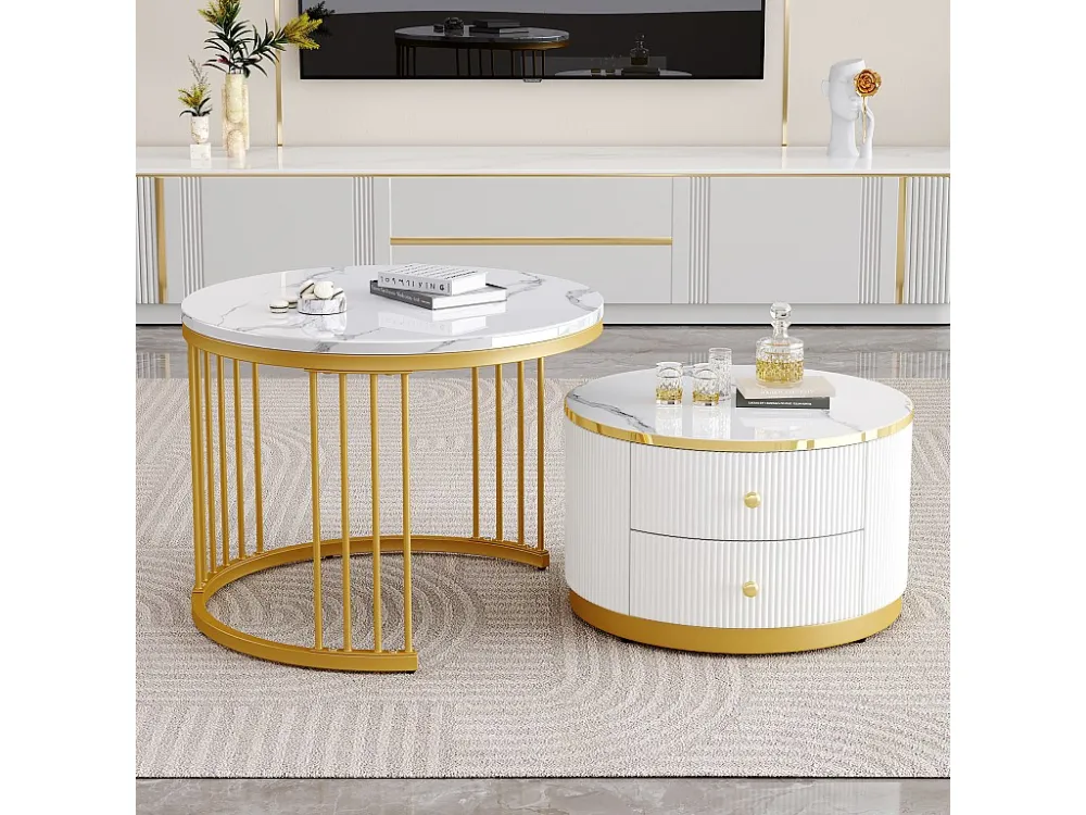 Set van 2 elkaar schuivende salontafels met 2 laden - 60 x 60 x 45,5 cm + 50 x 50 x 32 cm - Glanzende marmerlook - MDF - G...