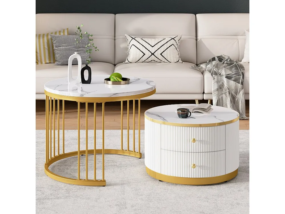 Set van 2 elkaar schuivende salontafels met 2 laden - 60 x 60 x 45,5 cm + 50 x 50 x 32 cm - Glanzende marmerlook - MDF - G...