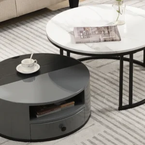 Set van 2 elkaar schuivende salontafels twee delen - Zwart en grijs PVC-marmer uiterlijk en opbergruimte, glanzende tonnen...