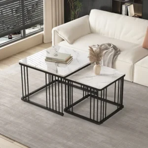 Set van 2 elkaar schuivende salontafels vierkante vorm - 60x60x45cm +45x45x40cm - Marmerpatroon - MDF hout en metaal - Wit...