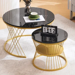 Set van 2 moderne bijzettafels, hoogglans salontafelset, marmeren fineer bank bijzettafels, ronde bijzettafels, set van 2,...