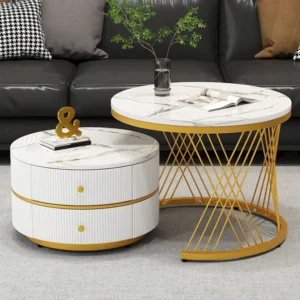 Set van 2 ronde elkaar geschoven salontafels met 2 lades - 60x60x46cm + 50x50x30,8cm - Marmerpatroon - MDF hout en metaal...