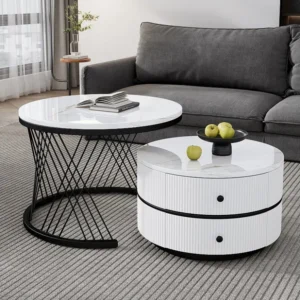 Set van 2 ronde elkaar geschoven salontafels met 2 laden - 60x60x46cm + 50x50x30,8cm - Marmerpatroon - MDF hout en metaal...