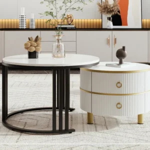 Set van 2 2 1 ronde salontafels, MDF bijzettafel - blad marmer patroon - 2 lades - 70x70x45 + 50x50x40 cm Merax
