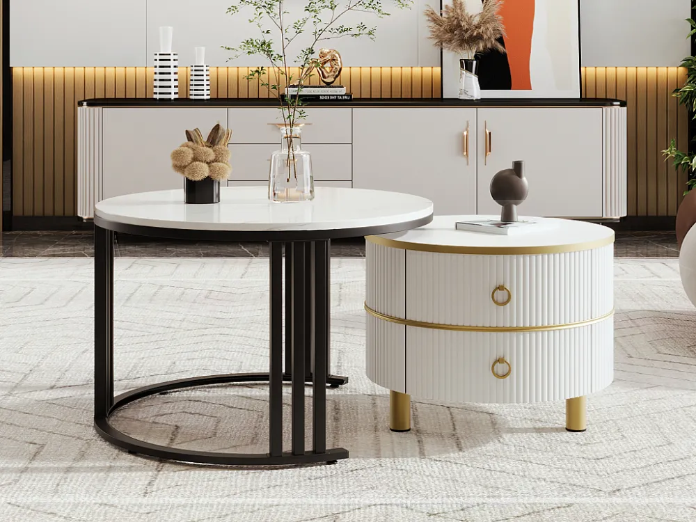 Set van 2 2 1 ronde salontafels, MDF bijzettafel - blad marmer patroon - 2 lades - 70x70x45 + 50x50x40 cm Merax