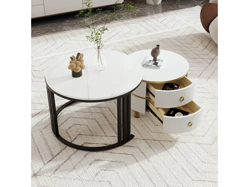 Set van 2 2 1 ronde salontafels, MDF bijzettafel - blad marmer patroon - 2 lades - 70x70x45 + 50x50x40 cm Merax