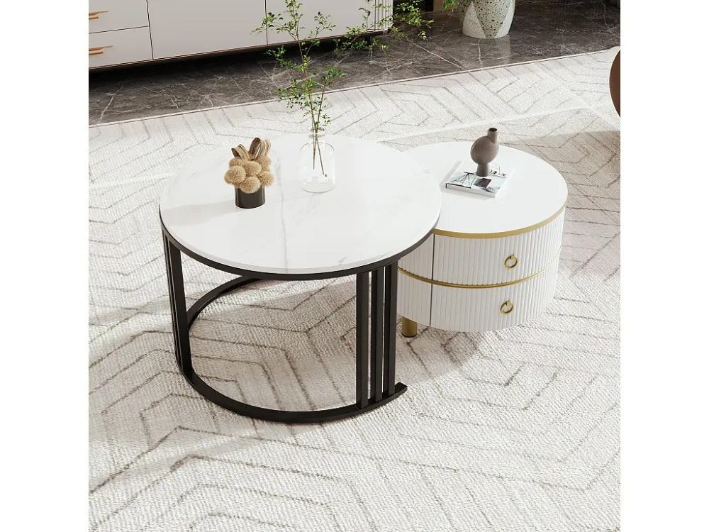 Set van 2 2 1 ronde salontafels, MDF bijzettafel - blad marmer patroon - 2 lades - 70x70x45 + 50x50x40 cm Merax