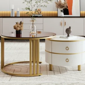 Set van 2 2 1 ronde salontafels, MDF bijzettafel - blad van bruin gehard glas - 2 lades - 70x70x45 + 50x50x40 cm Merax