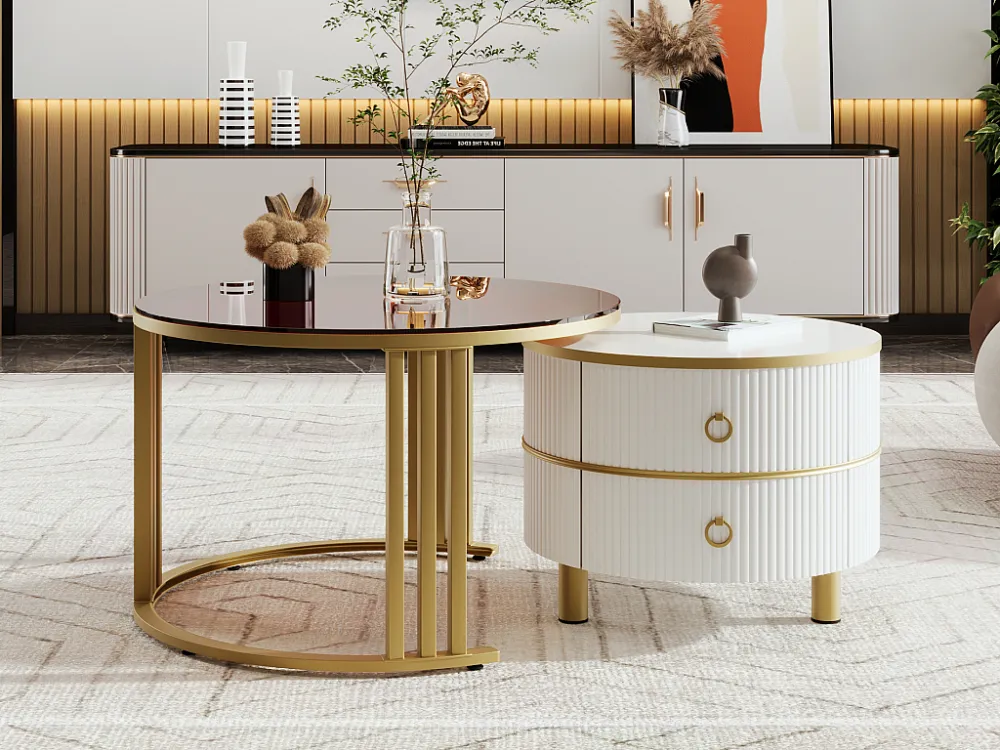 Set van 2 2 1 ronde salontafels, MDF bijzettafel - blad van bruin gehard glas - 2 lades - 70x70x45 + 50x50x40 cm Merax