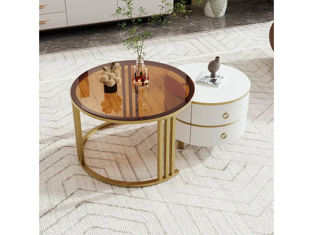 Set van 2 2 1 ronde salontafels, MDF bijzettafel - blad van bruin gehard glas - 2 lades - 70x70x45 + 50x50x40 cm Merax