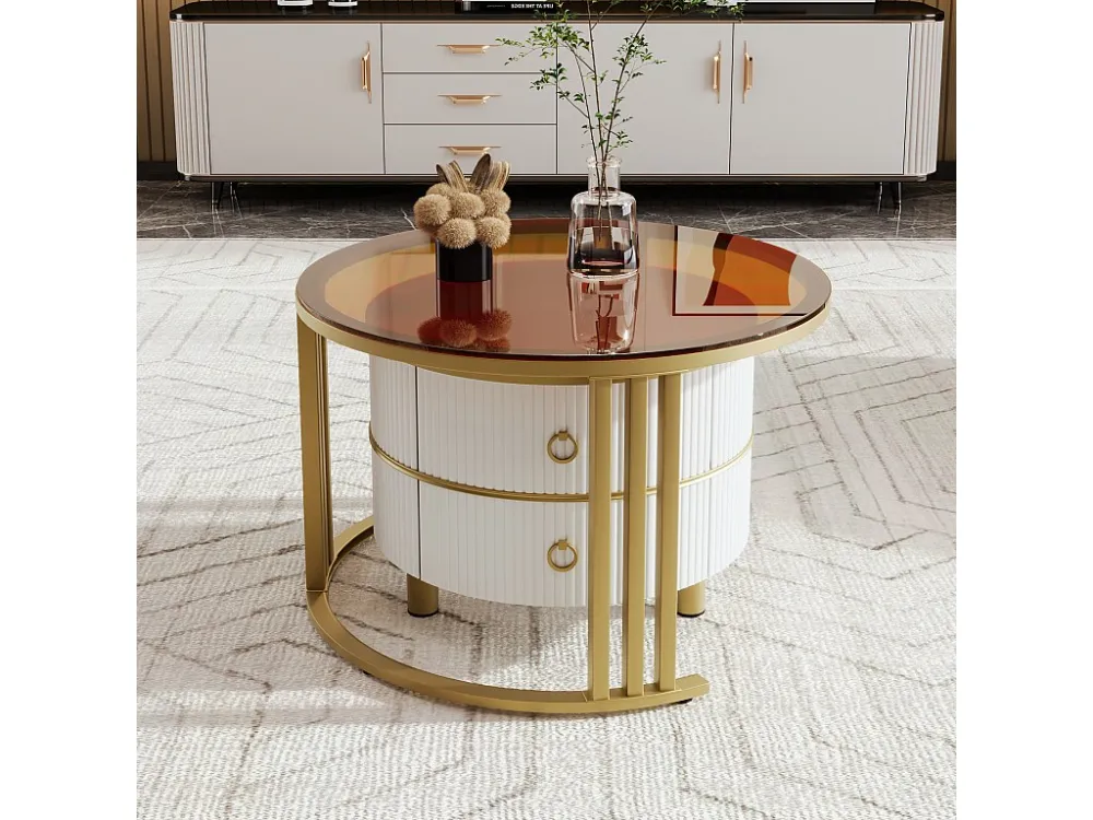 Set van 2 2 1 ronde salontafels, MDF bijzettafel - blad van bruin gehard glas - 2 lades - 70x70x45 + 50x50x40 cm Merax