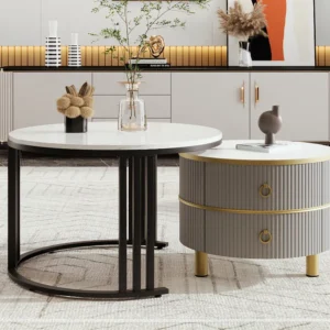 Set van 2 2 1 ronde salontafels, nestbare salontafels MDF - blad met marmerpatroon - 2 laden - 70x70x45 + 50x50x40 cm Merax