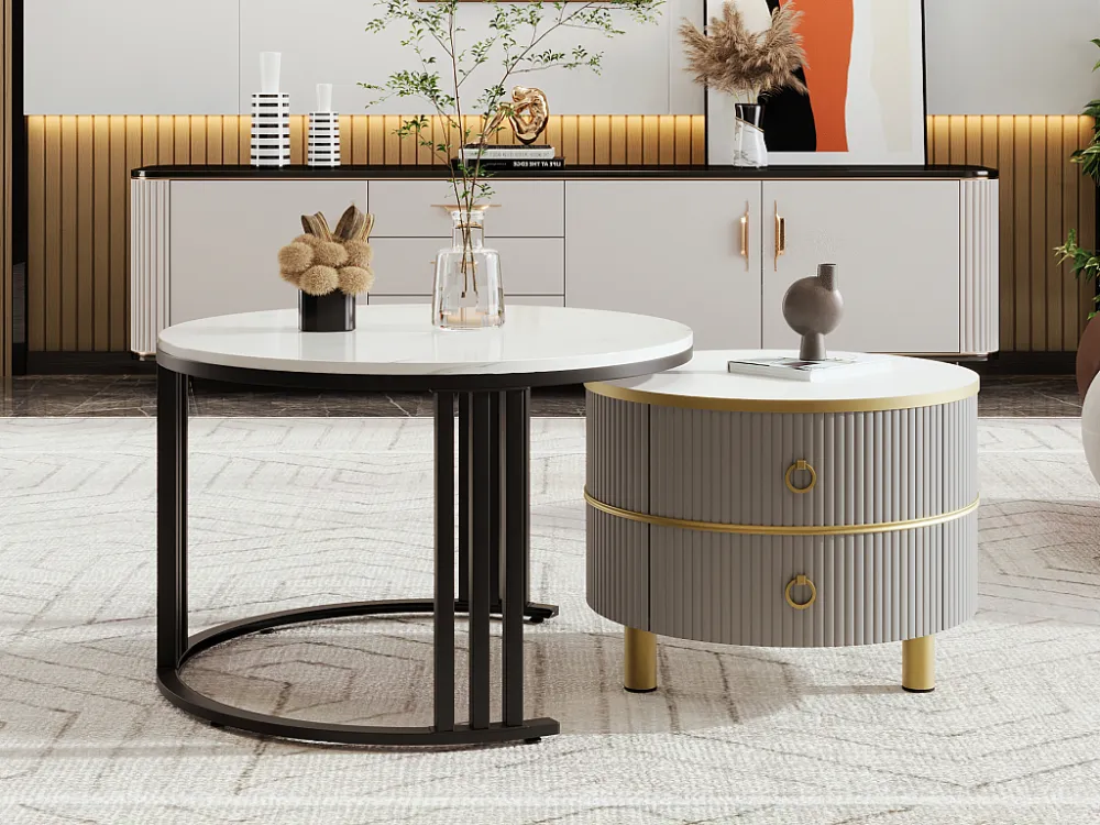 Set van 2 2 1 ronde salontafels, nestbare salontafels MDF - blad met marmerpatroon - 2 laden - 70x70x45 + 50x50x40 cm Merax