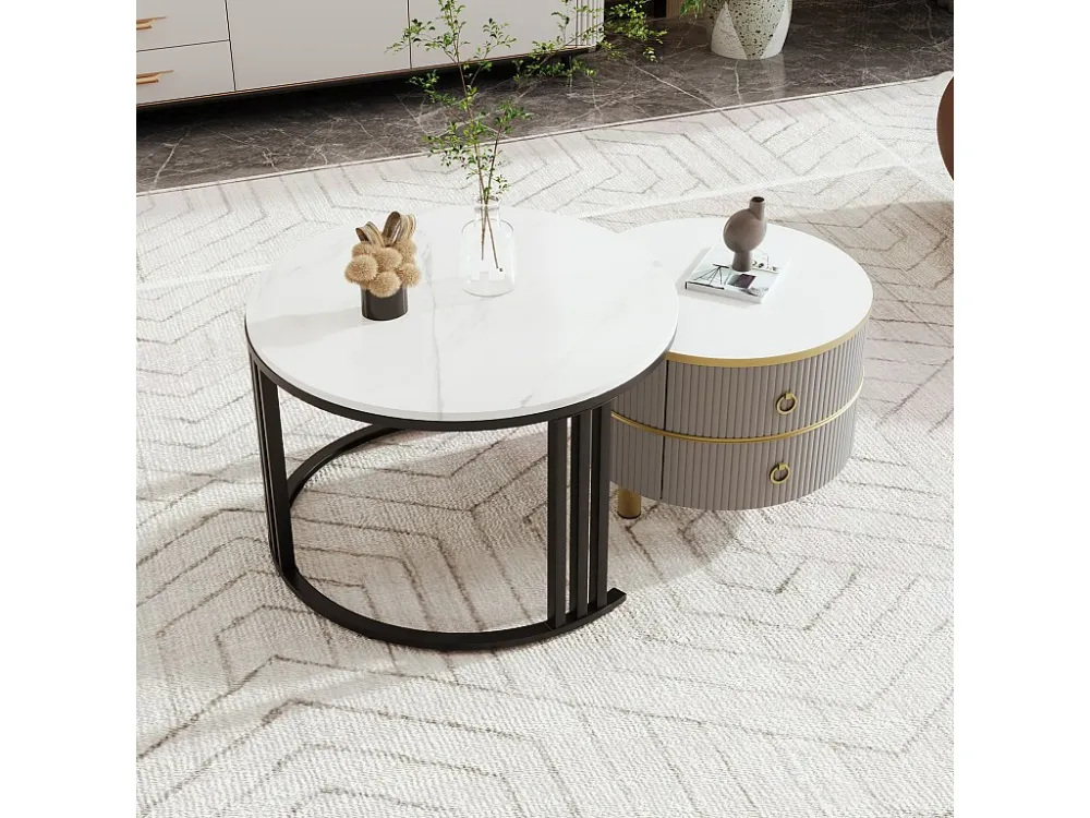 Set van 2 2 1 ronde salontafels, nestbare salontafels MDF - blad met marmerpatroon - 2 laden - 70x70x45 + 50x50x40 cm Merax