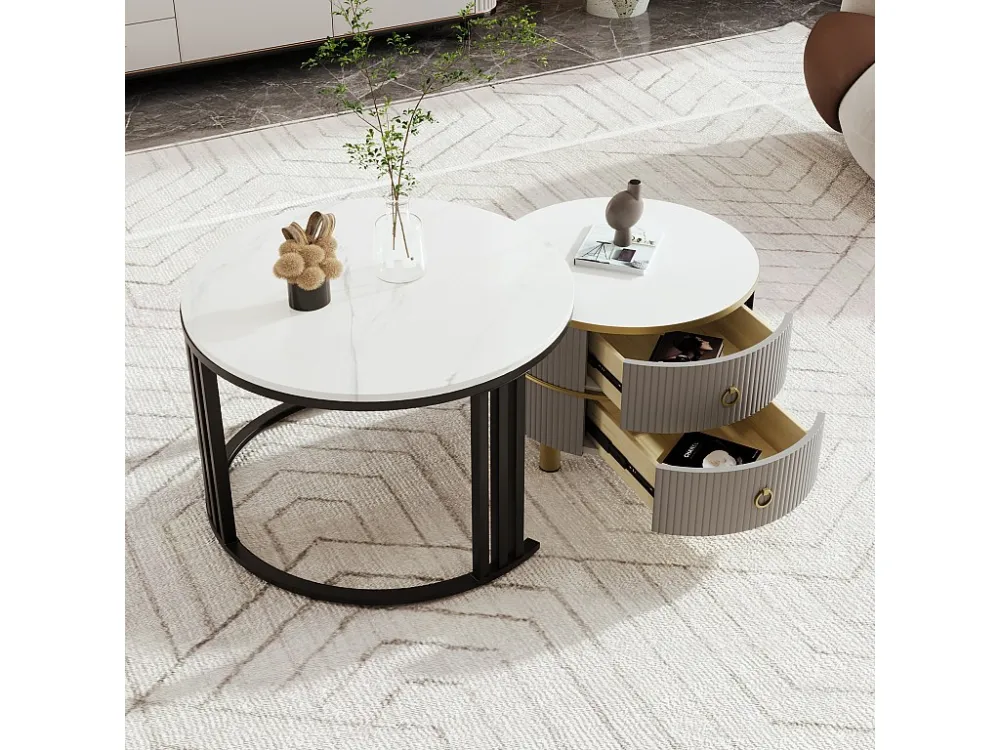 Set van 2 2 1 ronde salontafels, nestbare salontafels MDF - blad met marmerpatroon - 2 laden - 70x70x45 + 50x50x40 cm Merax