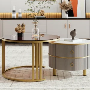 Set van 2 ronde salontafels, nestbare salontafels MDF - blad van bruin gehard glas - 2 laden - 70x70x45 + 50x50x40 cm Merax