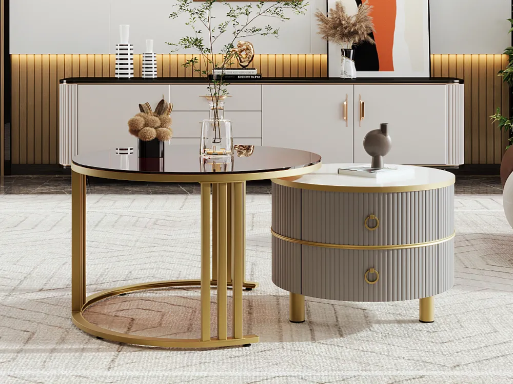 Set van 2 ronde salontafels, nestbare salontafels MDF - blad van bruin gehard glas - 2 laden - 70x70x45 + 50x50x40 cm Merax