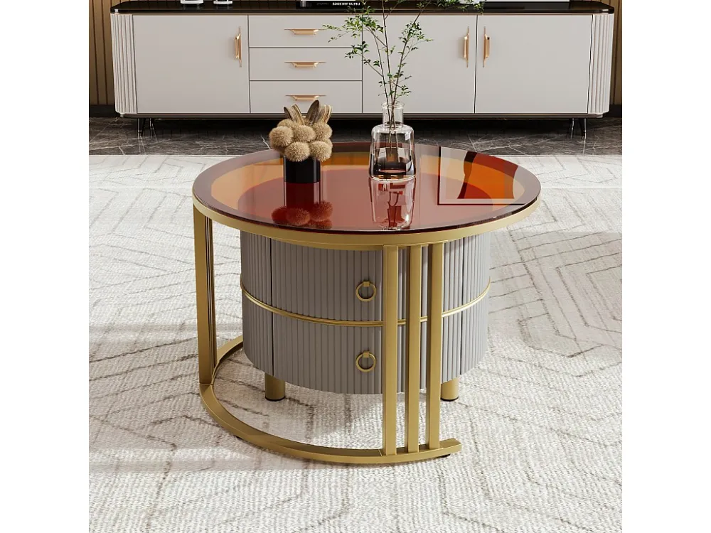 Set van 2 ronde salontafels, nestbare salontafels MDF - blad van bruin gehard glas - 2 laden - 70x70x45 + 50x50x40 cm Merax