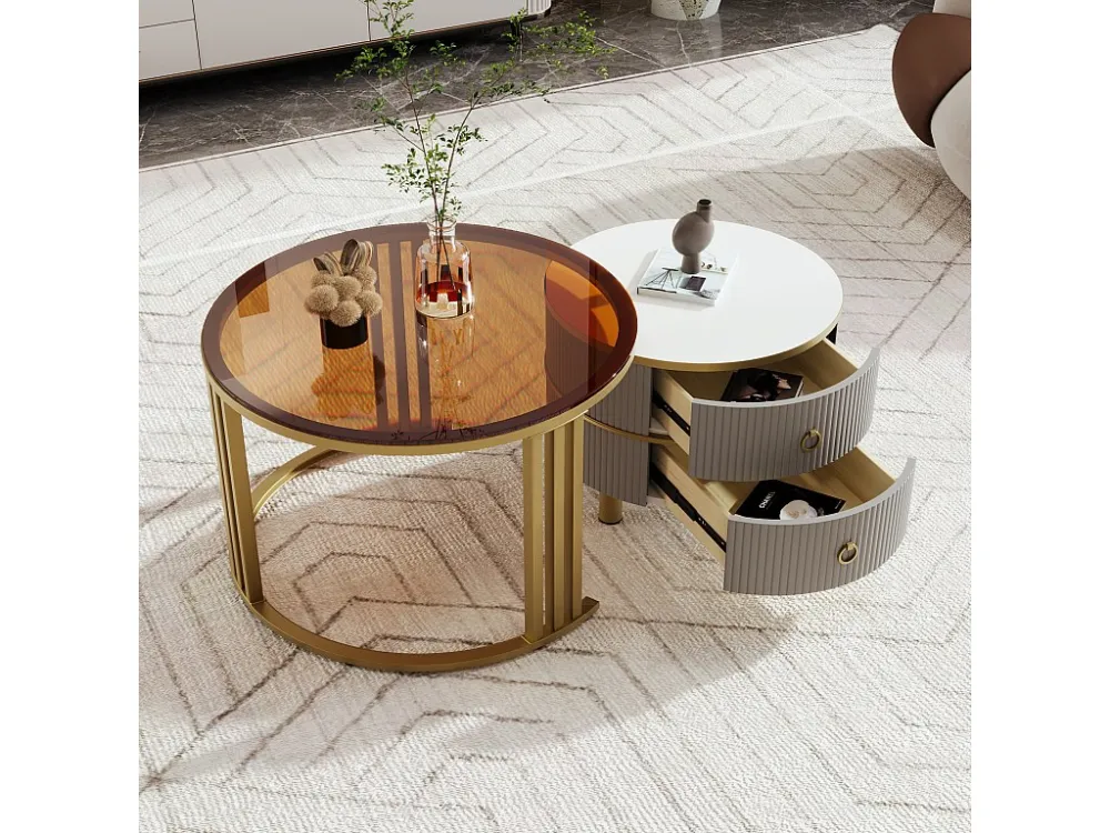 Set van 2 ronde salontafels, nestbare salontafels MDF - blad van bruin gehard glas - 2 laden - 70x70x45 + 50x50x40 cm Merax