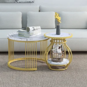 Set van 2 ronde salontafels de woonkamer - metaal & MDF - bijzettafels - Marmerlook - wit Merax