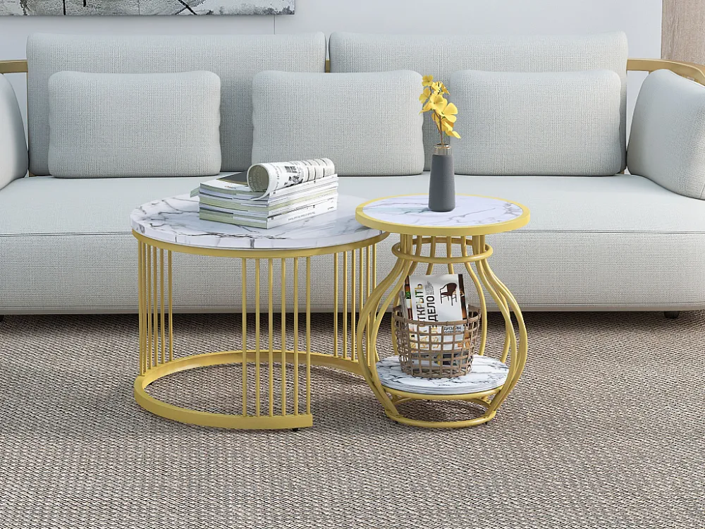 Set van 2 ronde salontafels de woonkamer - metaal & MDF - bijzettafels - Marmerlook - wit Merax