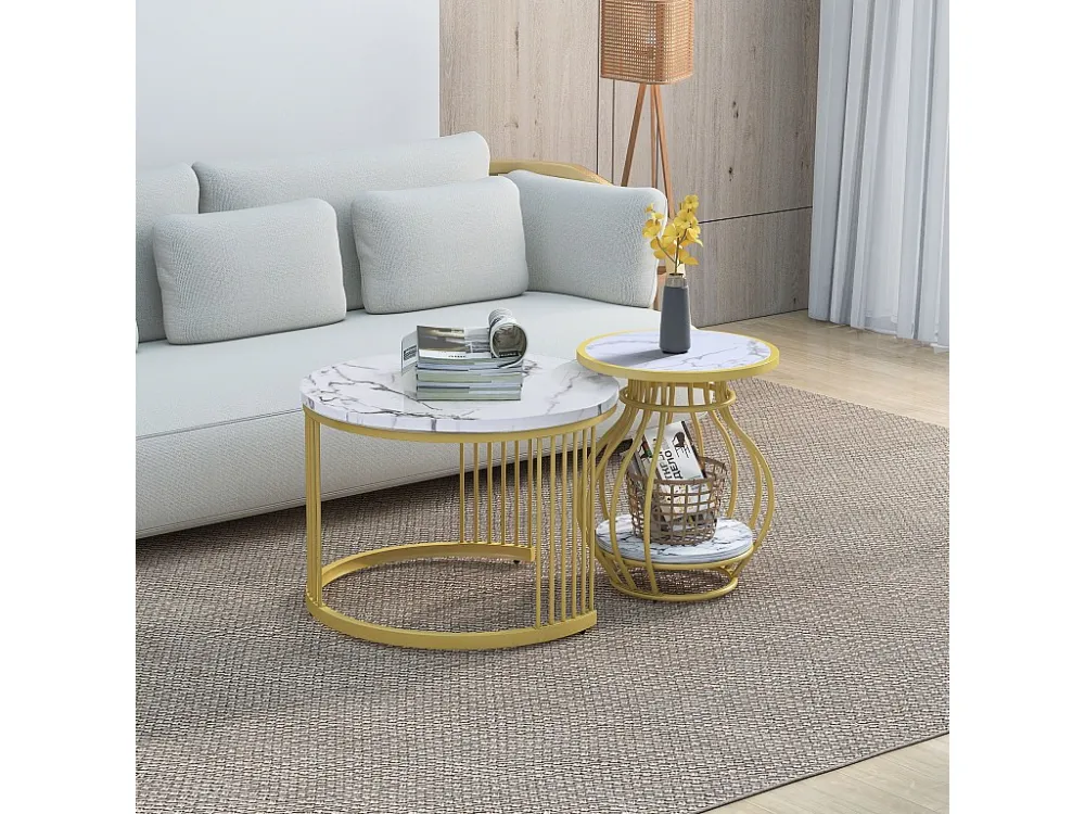 Set van 2 ronde salontafels de woonkamer - metaal & MDF - bijzettafels - Marmerlook - wit Merax