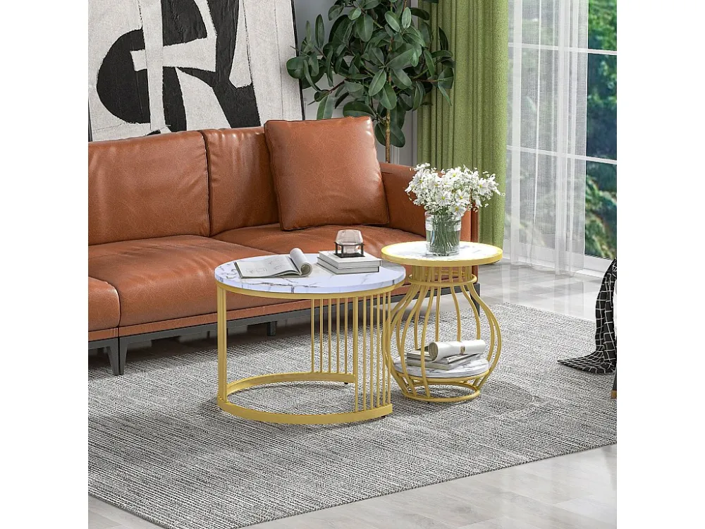 Set van 2 ronde salontafels de woonkamer - metaal & MDF - bijzettafels - Marmerlook - wit Merax