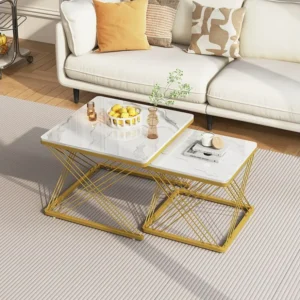 Set van 2 vierkante elkaar geschoven salontafels - 60x60x45 +45x45x40 cm - Marmereffect - MDF hout en metaal - Wit + goud...