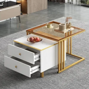 Set van 2 vierkante elkaar geschoven salontafels met 2 laden - 59,5x60x45,6cm + 50x50x40cm - Marmerpatroon - MDF hout en m...