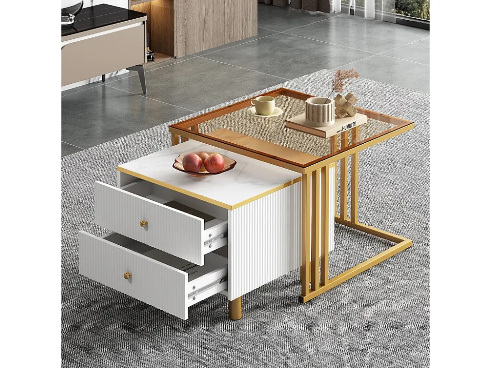 Set van 2 vierkante elkaar geschoven salontafels met 2 laden - 59,5x60x45,6cm + 50x50x40cm - Marmerpatroon - MDF hout en m...