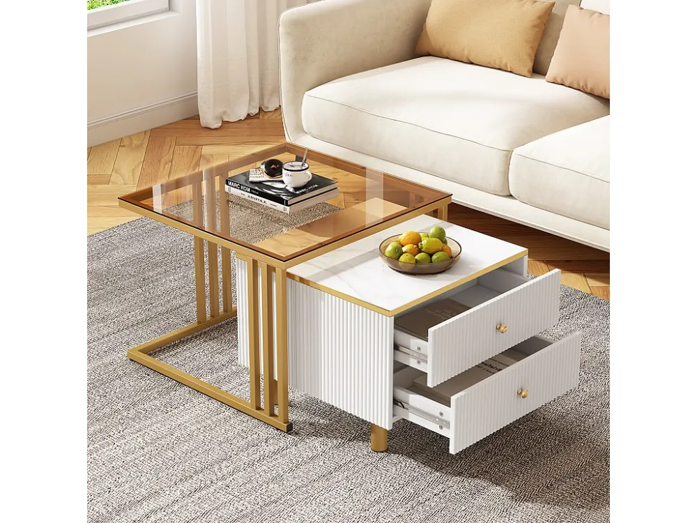 Set van 2 vierkante elkaar geschoven salontafels met 2 laden - 59,5x60x45,6cm + 50x50x40cm - Marmerpatroon - MDF hout en m...