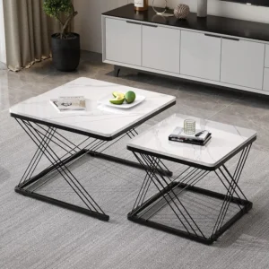 Set van 2 vierkante elkaar schuivende salontafels - 60x60x45 +45x45x40 cm - Marmereffect - MDF hout en metaal - Wit + zwar...