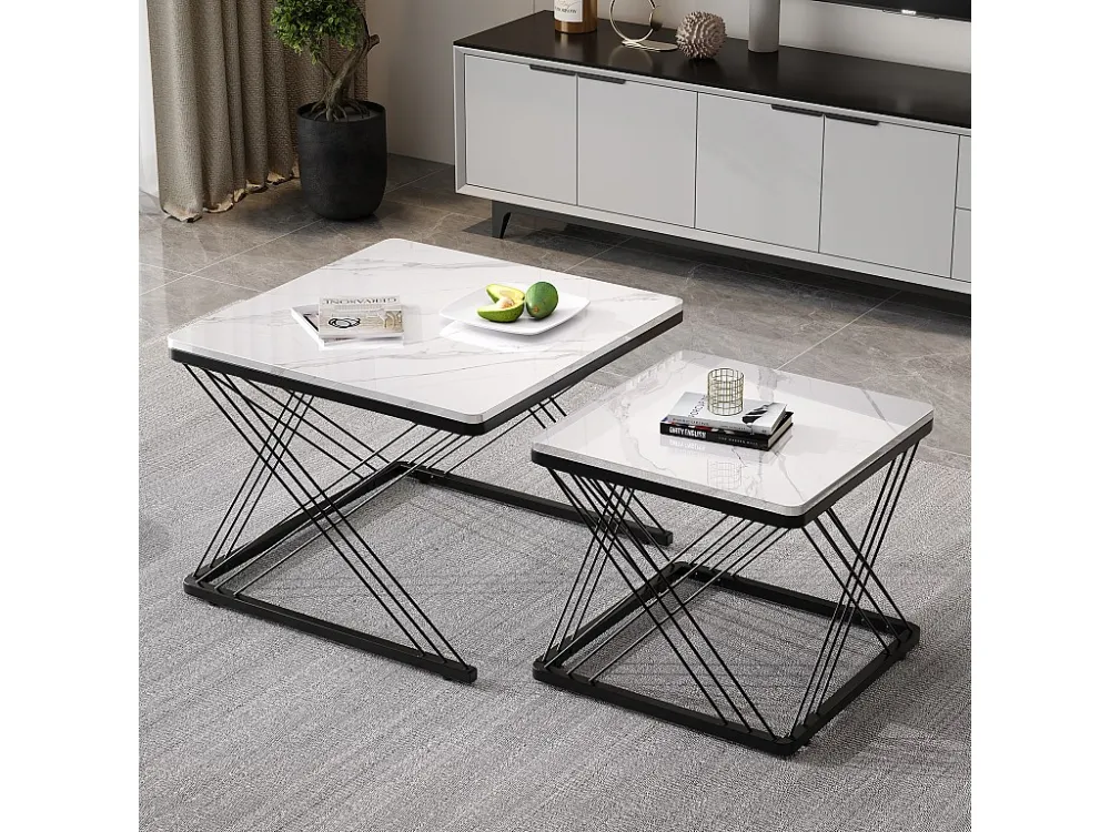 Set van 2 vierkante elkaar schuivende salontafels - 60x60x45 +45x45x40 cm - Marmereffect - MDF hout en metaal - Wit + zwar...