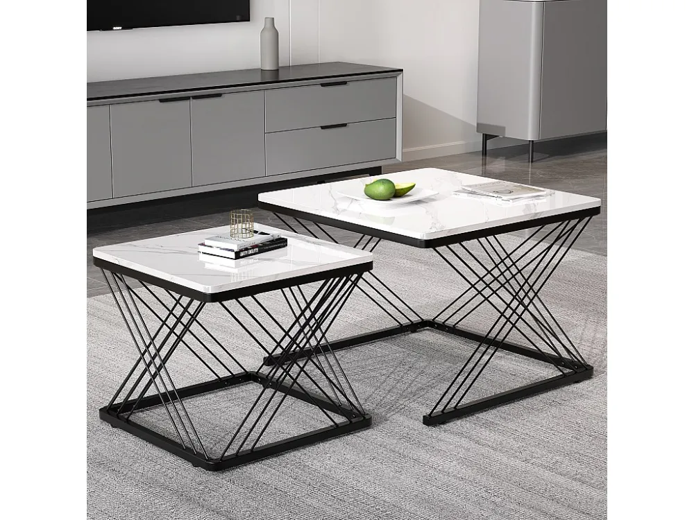 Set van 2 vierkante elkaar schuivende salontafels - 60x60x45 +45x45x40 cm - Marmereffect - MDF hout en metaal - Wit + zwar...