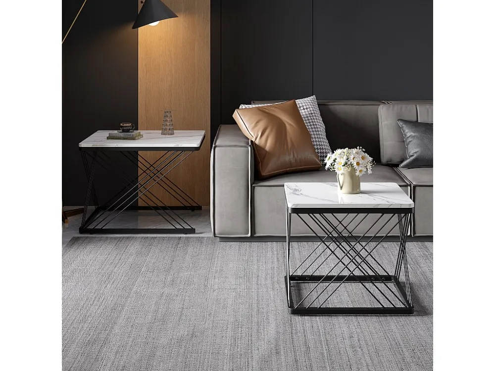 Set van 2 vierkante elkaar schuivende salontafels - 60x60x45 +45x45x40 cm - Marmereffect - MDF hout en metaal - Wit + zwar...