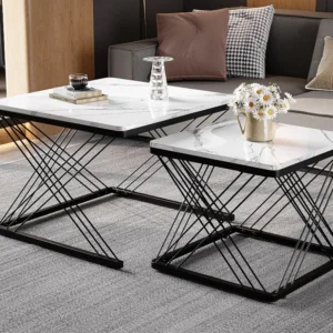 Set van 2 bijzettafels - blad met marmerpatroon - Wit en zwart ModernLuxe