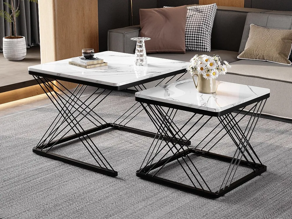 Set van 2 bijzettafels - blad met marmerpatroon - Wit en zwart ModernLuxe