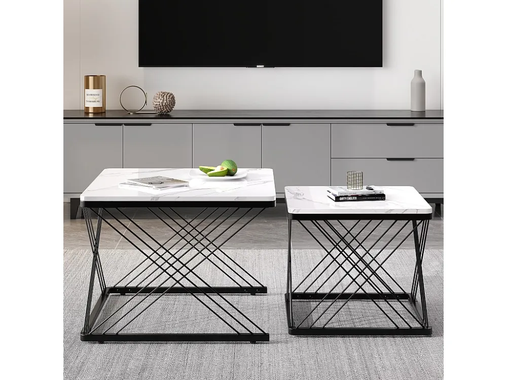 Set van 2 bijzettafels - blad met marmerpatroon - Wit en zwart ModernLuxe