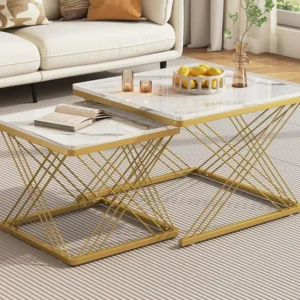 Set van 2 bijzettafels - blad met marmerpatroon - Wit en goud ModernLuxe