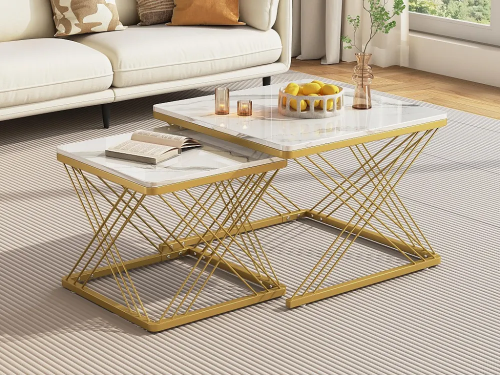 Set van 2 bijzettafels - blad met marmerpatroon - Wit en goud ModernLuxe